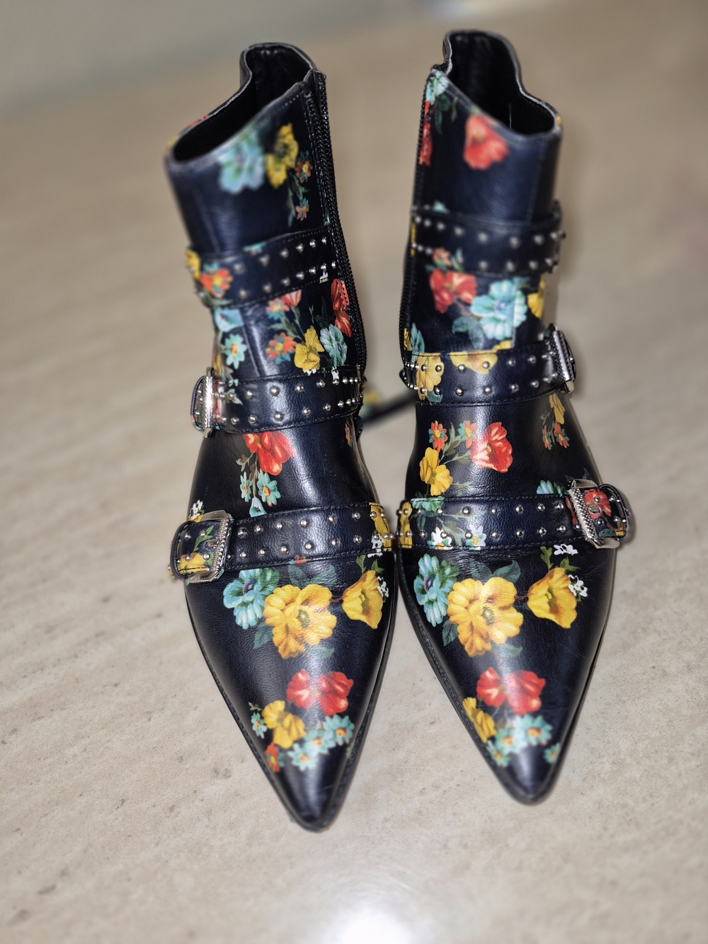 Seraphim Floral Pointed Buckle Ankle Boots - Black Floral